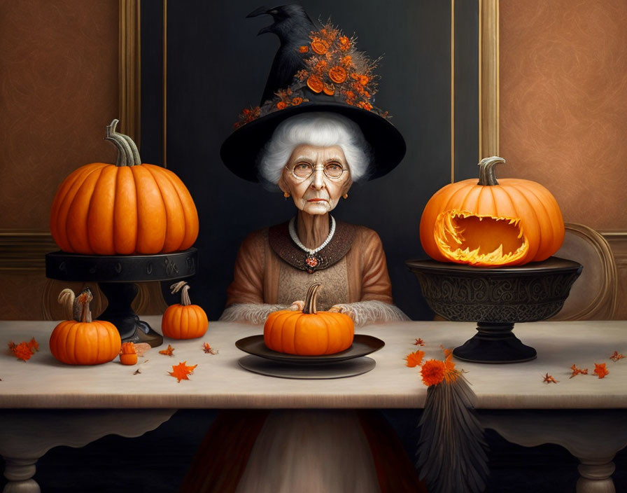 Elderly woman in witch's hat at Halloween-themed table