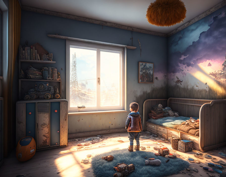 Child in cozy room with toys, gazing at distant tower through window with landscape mural.