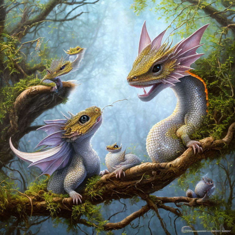 Fantastical purple-winged dragons in misty forest scene