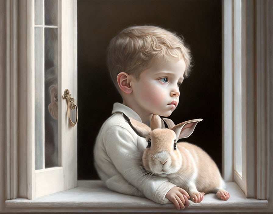 Curly-Haired Child and Rabbit by Window, Contemplative Scene