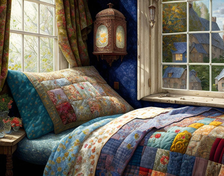 Quaint bedroom interior with patchwork quilt, vintage clock, and village view.