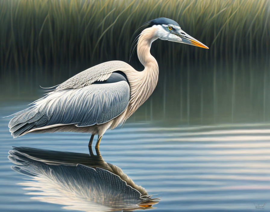 Great Blue Heron Standing in Still Water with Detailed Plumage and Attentive Eyes