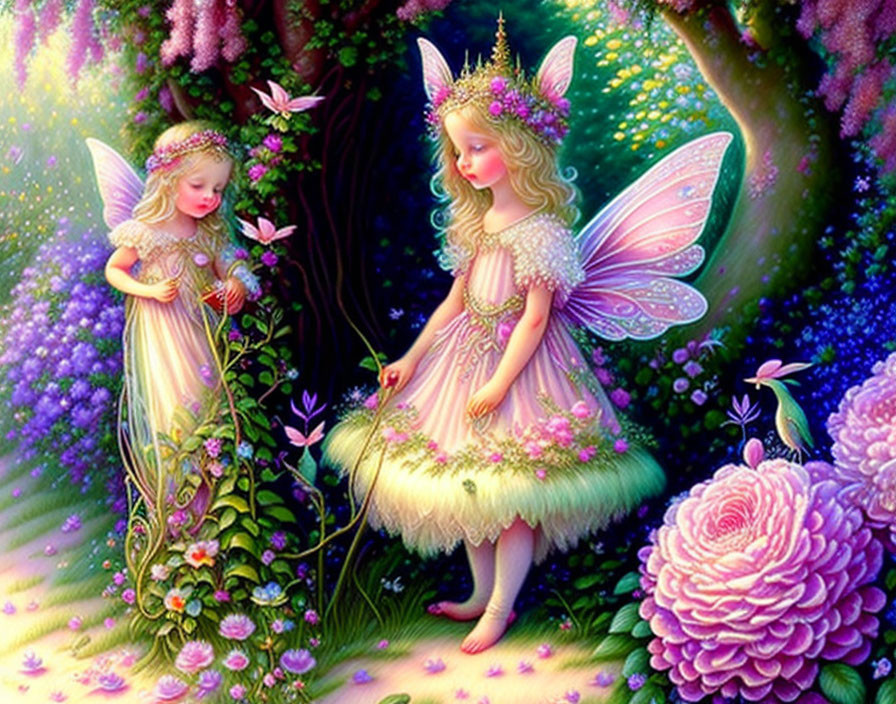 Illustrated fairies in vibrant forest with flowers and crowns