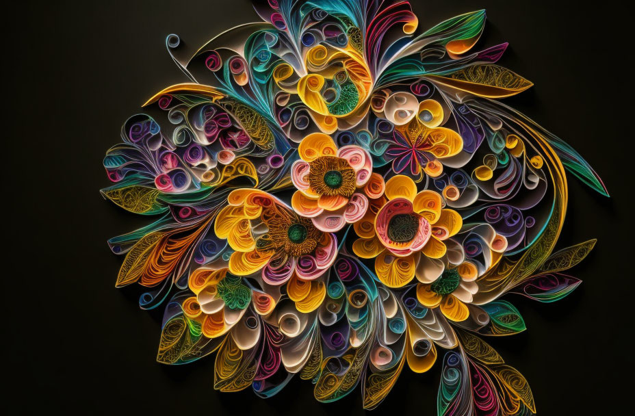 Vibrant paper quilling art: colorful flowers on dark background