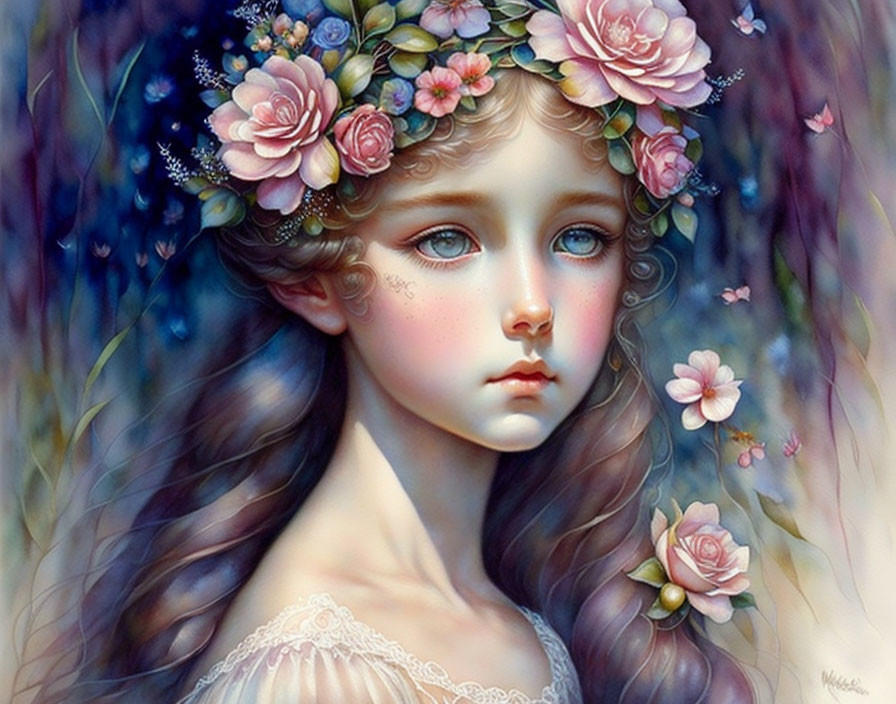 Girl with Blue Eyes and Floral Wreath Illustration on Flower Background