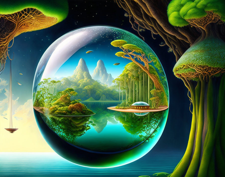 Surreal landscape with floating glass sphere and lush green world