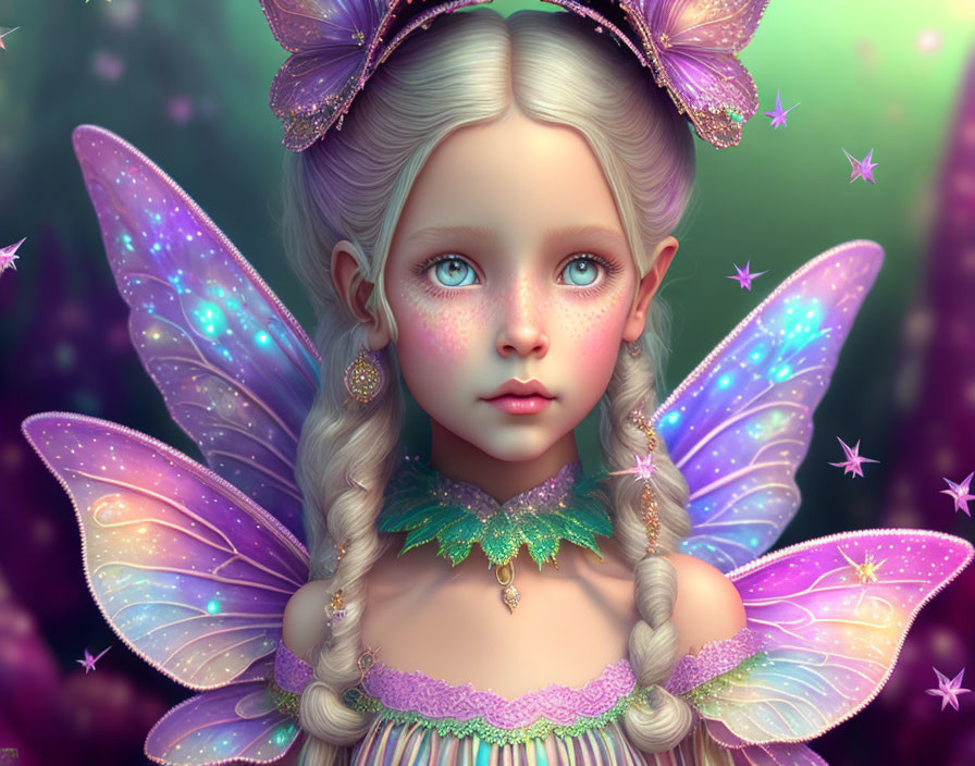 Young girl with butterfly wings in purple and gold attire and magical details