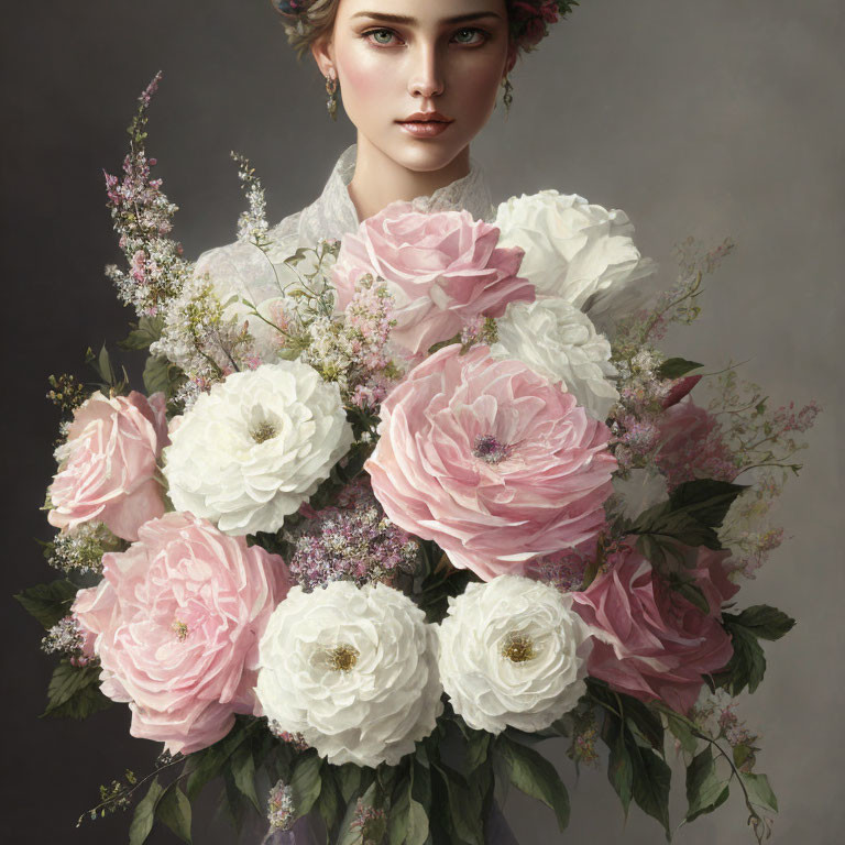 Portrait of Woman with Pink and White Roses and Greenery