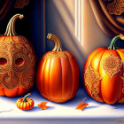 Ornately Decorated Pumpkins with Autumn Leaves on Draped Cloth Background