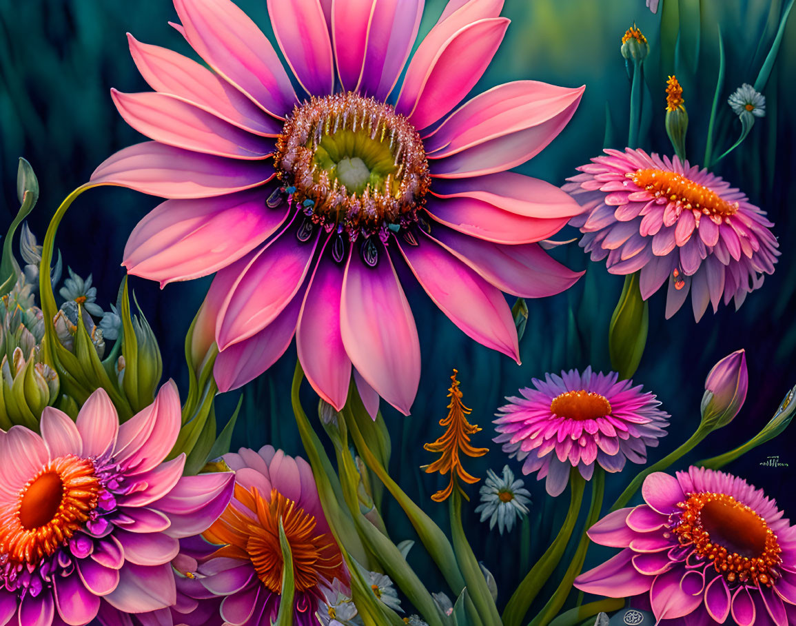 Colorful digital artwork: Pink and purple flowers with dewdrops on petals.