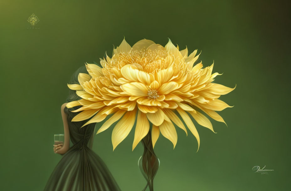 Woman in dark dress with giant golden flower head, green background