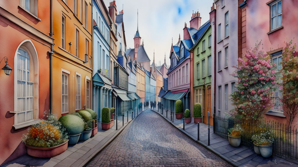 Colorful cobblestone street with vibrant houses and potted plants under blue sky