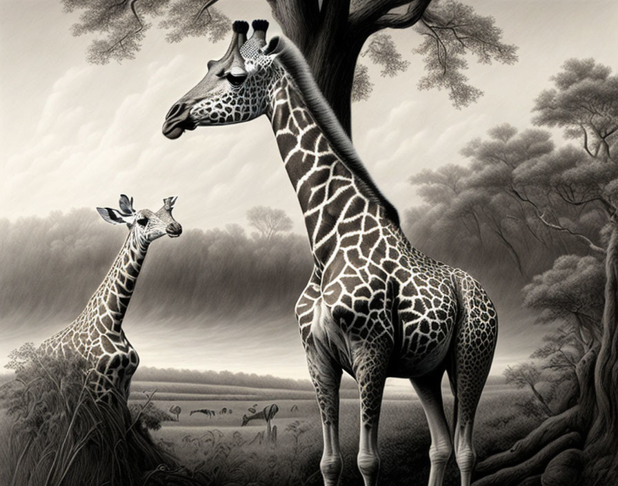 Monochromatic image of two giraffes under a tree