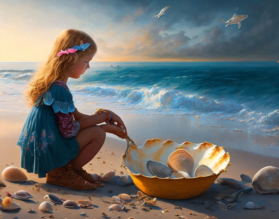 Young girl in blue dress with seashell on beach at sunset