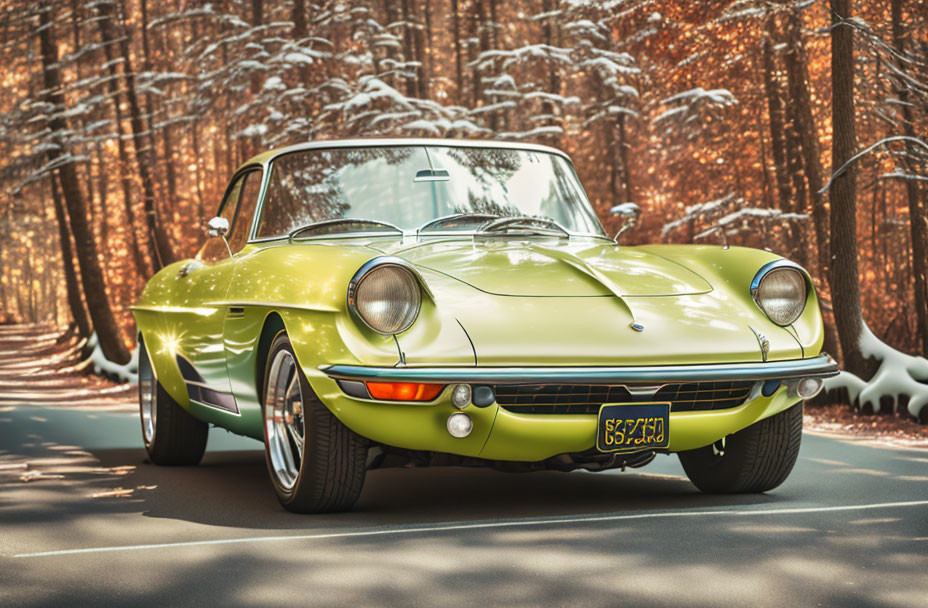 Vintage Green Sports Car Parked on Autumn Forest Road