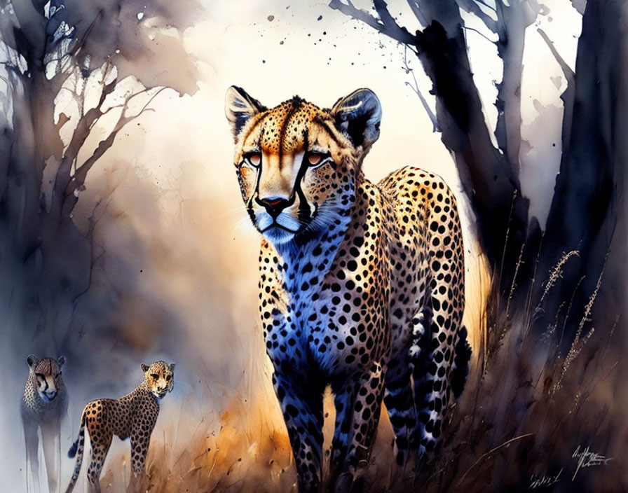 Three Cheetahs Painting in Misty Wooded Scene