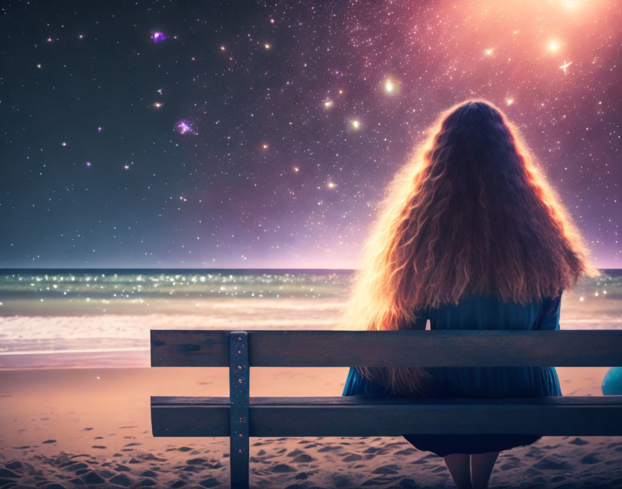 Long-haired woman on beach bench under starry sky.