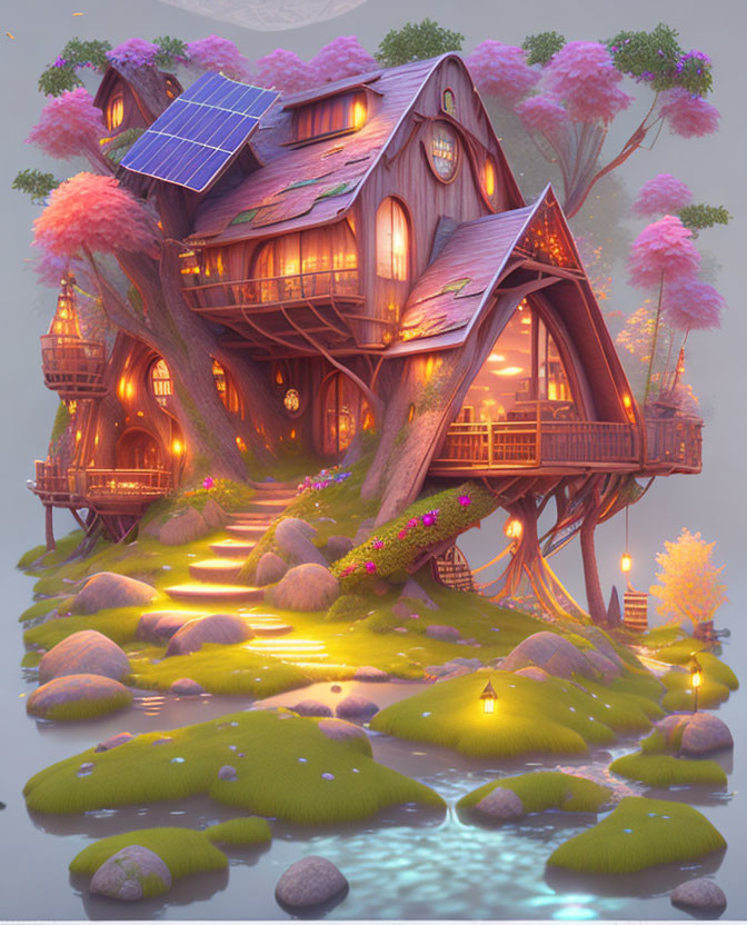 Solar-powered treehouse in pink blossom setting with lantern-lit stream