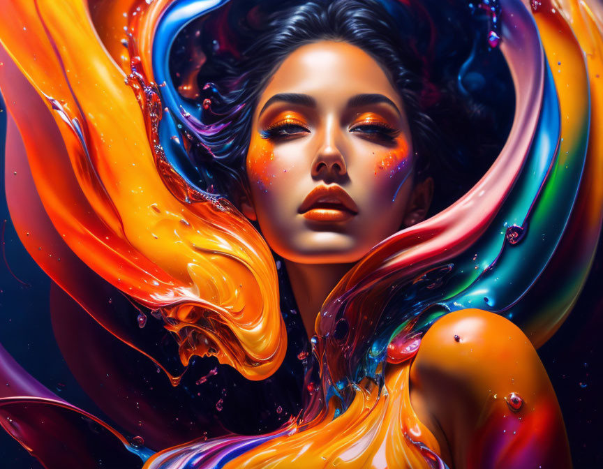 Colorful swirling elements around a woman in a vibrant portrait