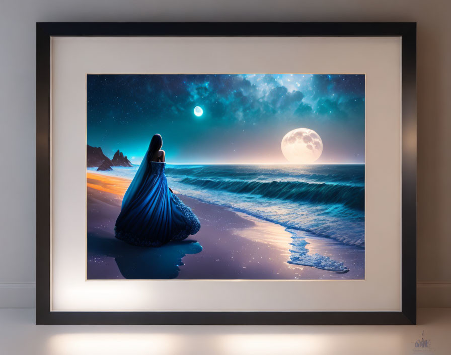 Figure in Blue Cloak Contemplates Moonlit Beach