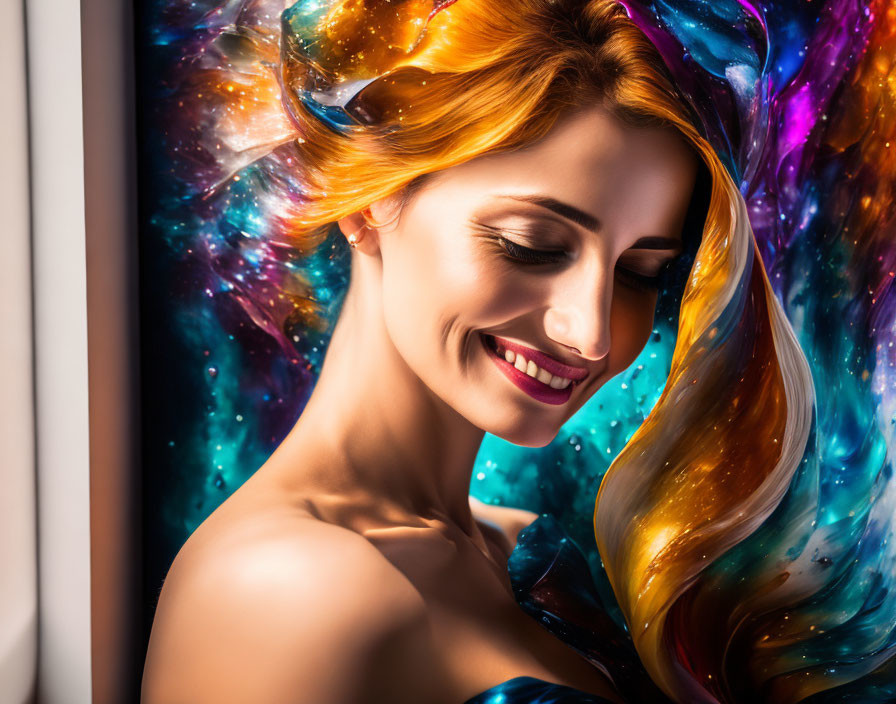 Vibrant Woman with Cosmic Nebula Hair Smiles