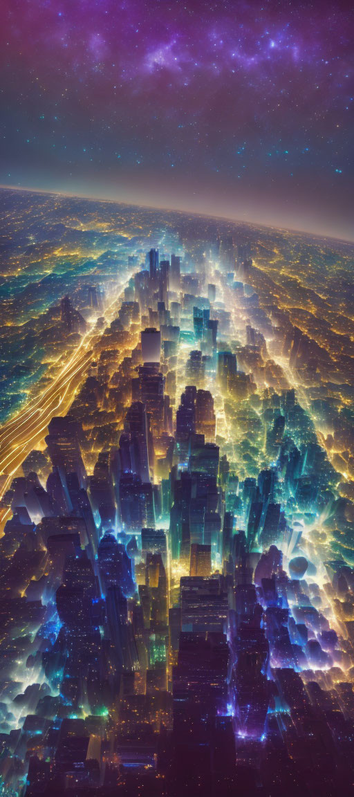 Colorful Cosmic Night Sky Above Vibrant Aerial Cityscape