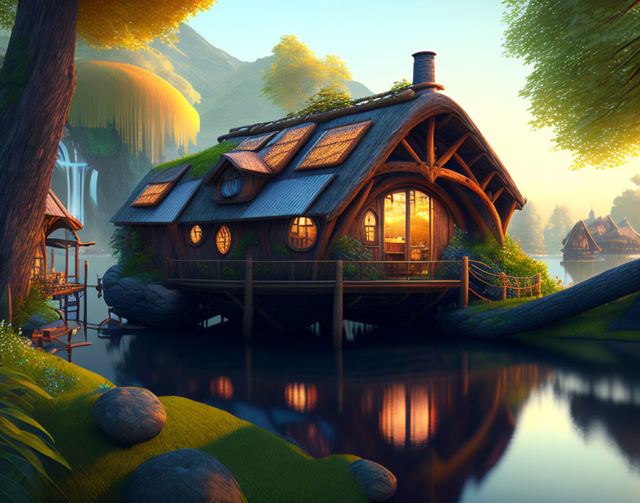 Riverside cottage surrounded by nature at golden hour