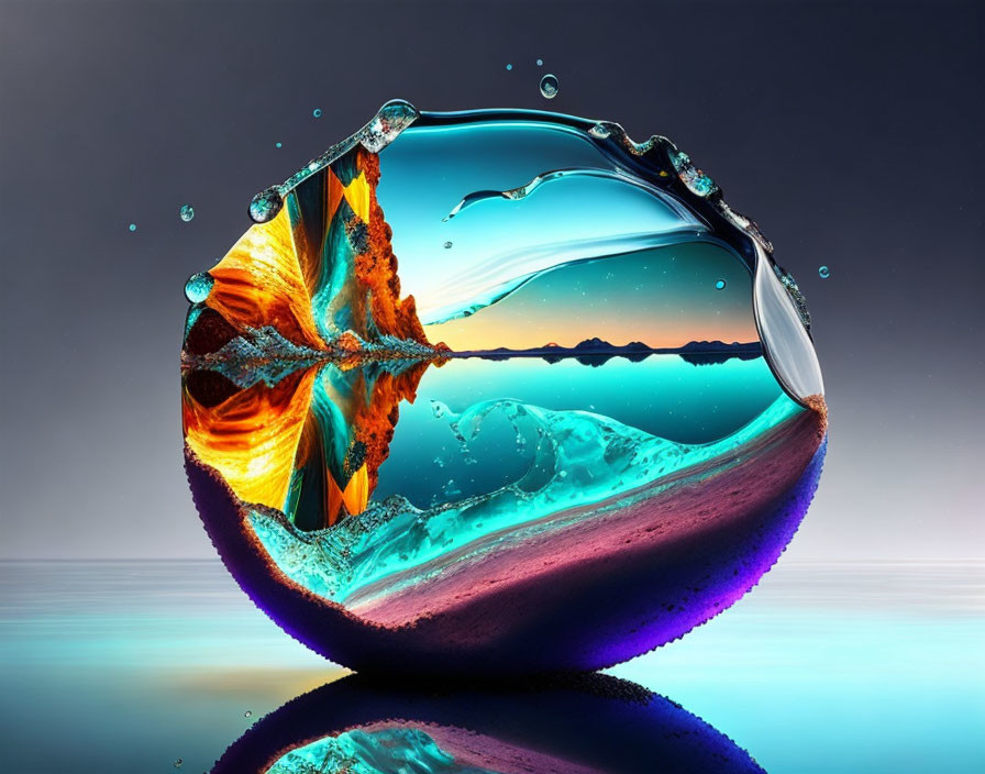 Colorful Abstract Landscape Reflected in Water Droplet