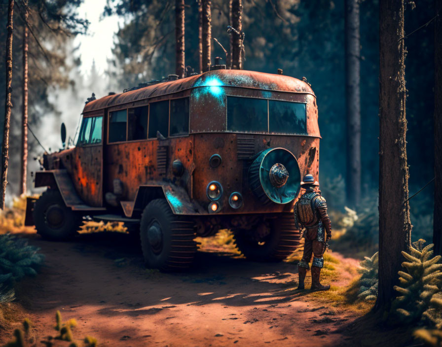 Astronaut in space suit near rusty vehicle in forest with sun rays.