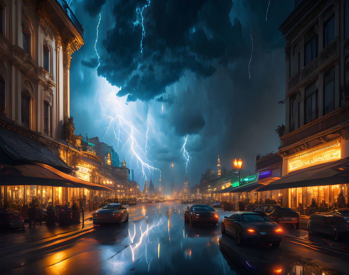 Dramatic city street scene at twilight with lightning and classical architecture.