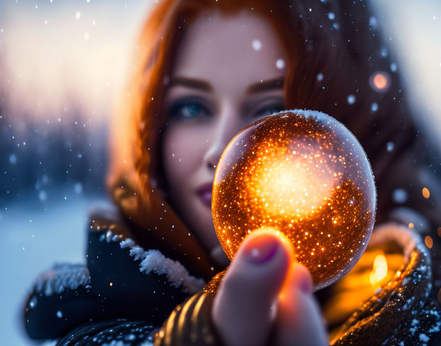 Glowing orb held by person in snowy setting with blurred portrait.