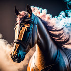 Majestic horse with shimmering mane in ethereal blue smoke