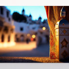 Decorated lantern and beads in illuminated old town dusk scene