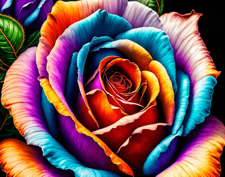 Colorful Rose with Blue, Purple, Orange, and Yellow Hues on Dark Background