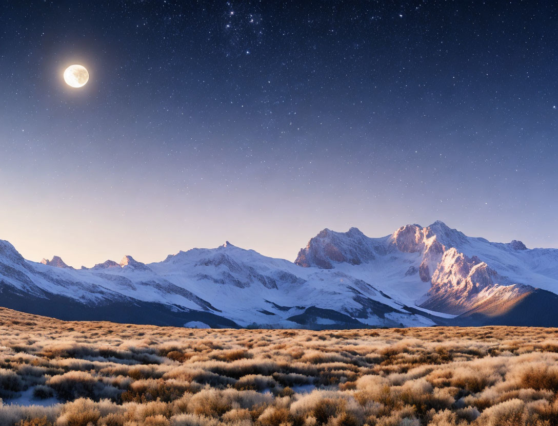 Full Moon Shining on Snowy Mountain Peaks at Night