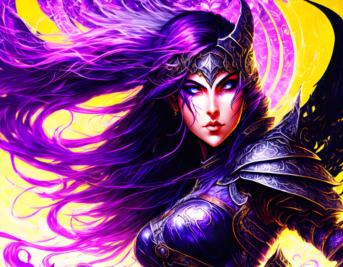 Vibrant digital artwork of fierce warrior woman with purple hair and silver armor on yellow backdrop