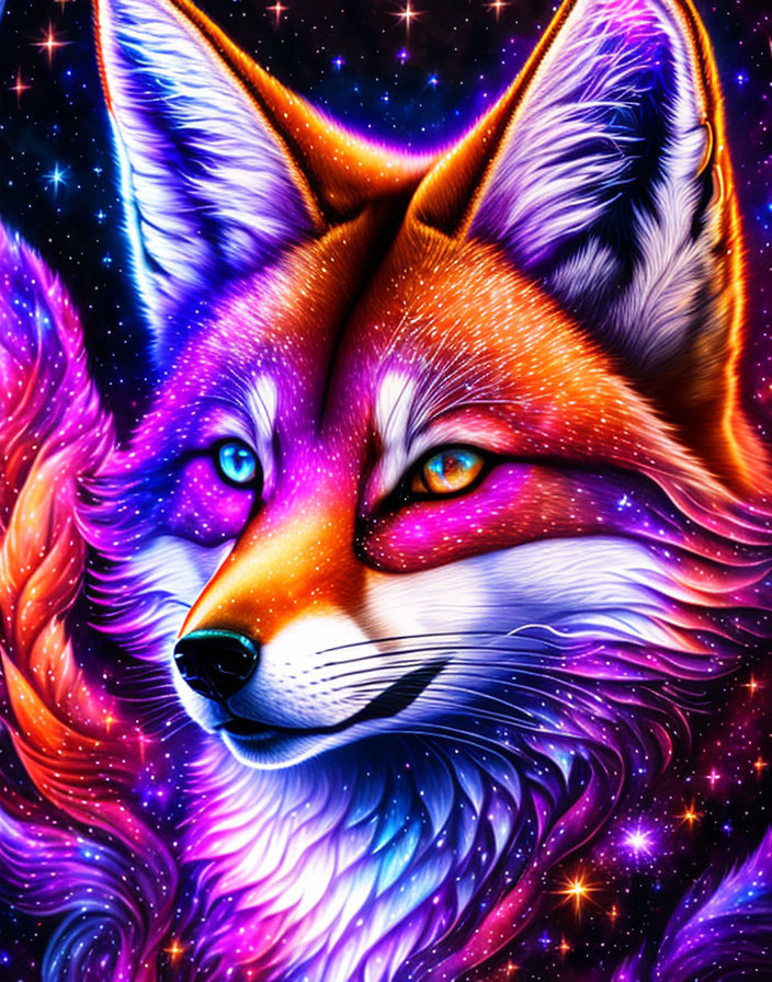 Vibrant cosmic-themed fox illustration with purple and blue galactic background