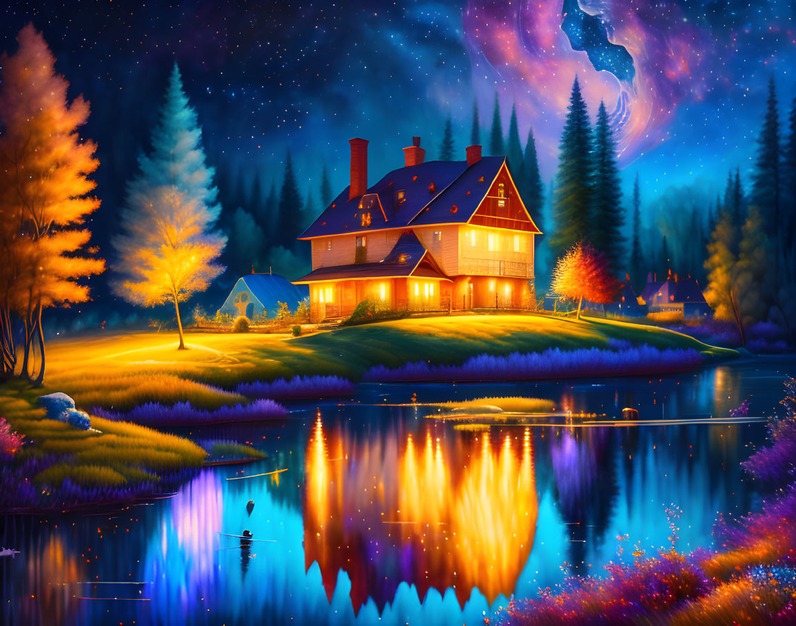 Colorful night scene: cozy house by lake, trees, reflections, starry sky