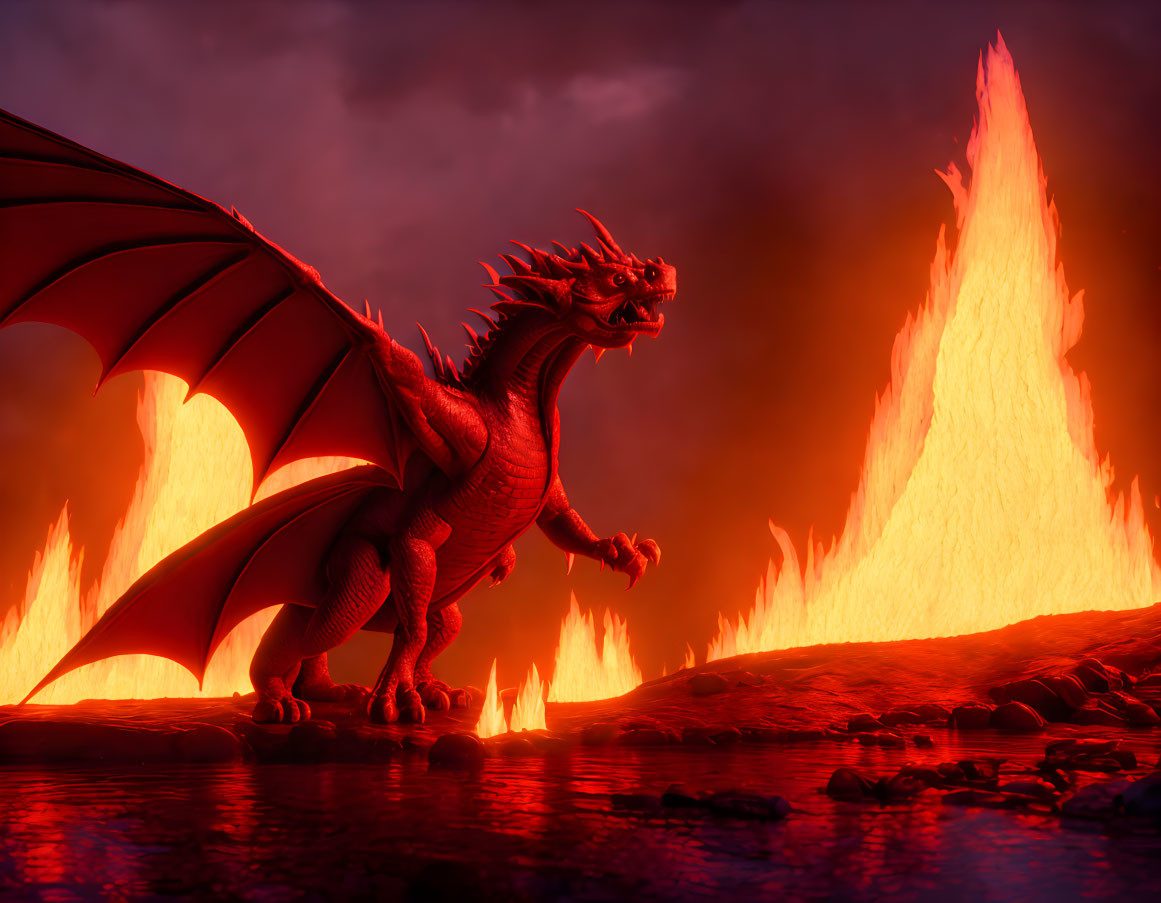 Red Dragon in Fiery Landscape with Plumes of Flames