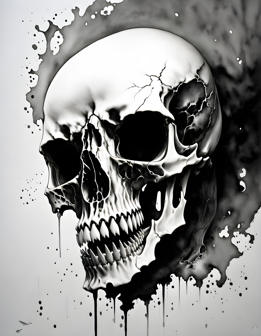 Monochrome skull artwork with cracked and melting effects