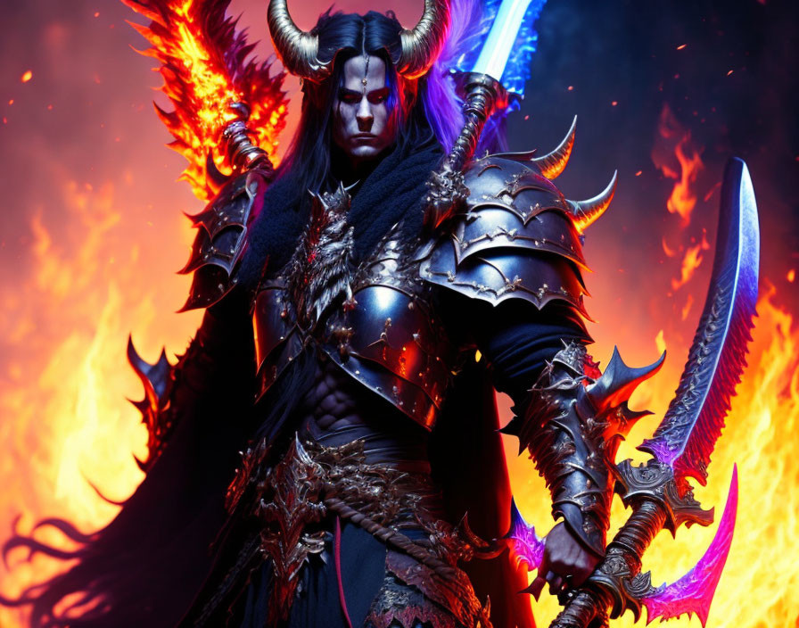 Fantasy warrior in black armor with demonic horns and fiery weapon against mystical backdrop