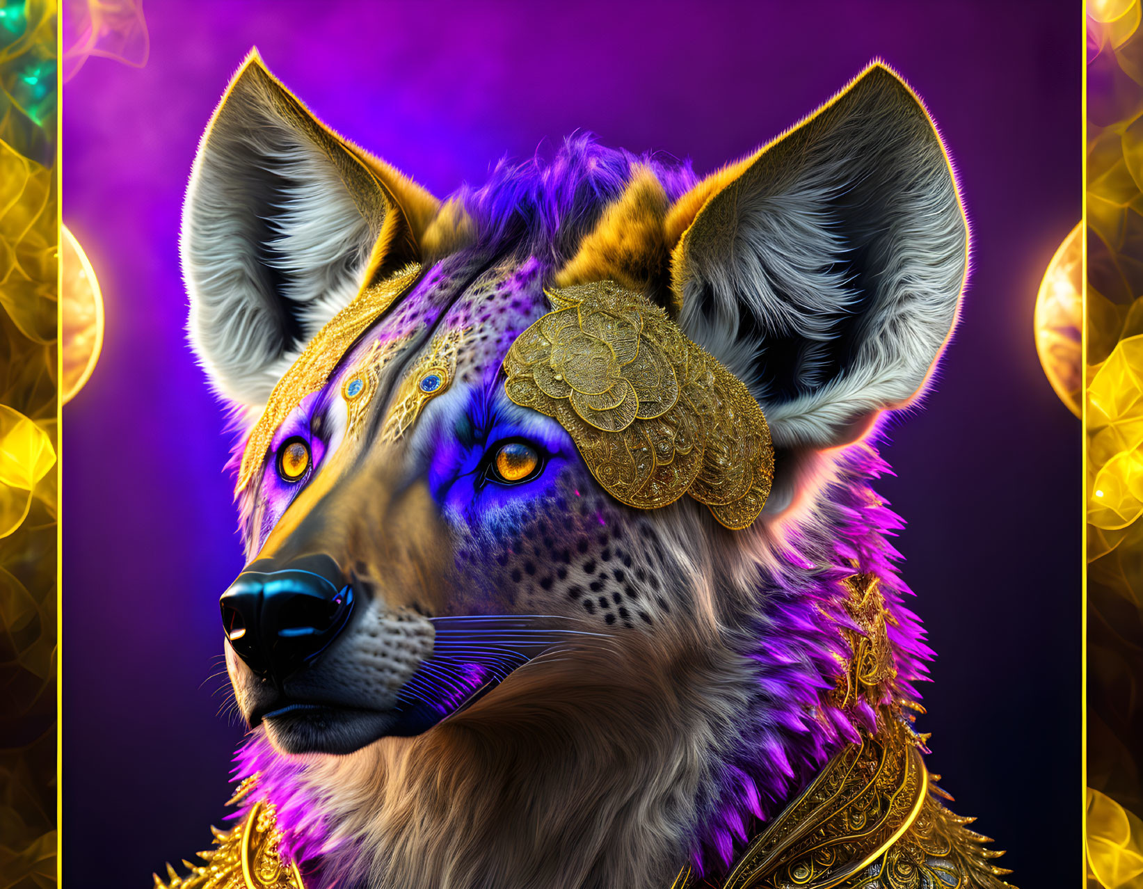 Anthropomorphic wolf in regal attire on purple backdrop