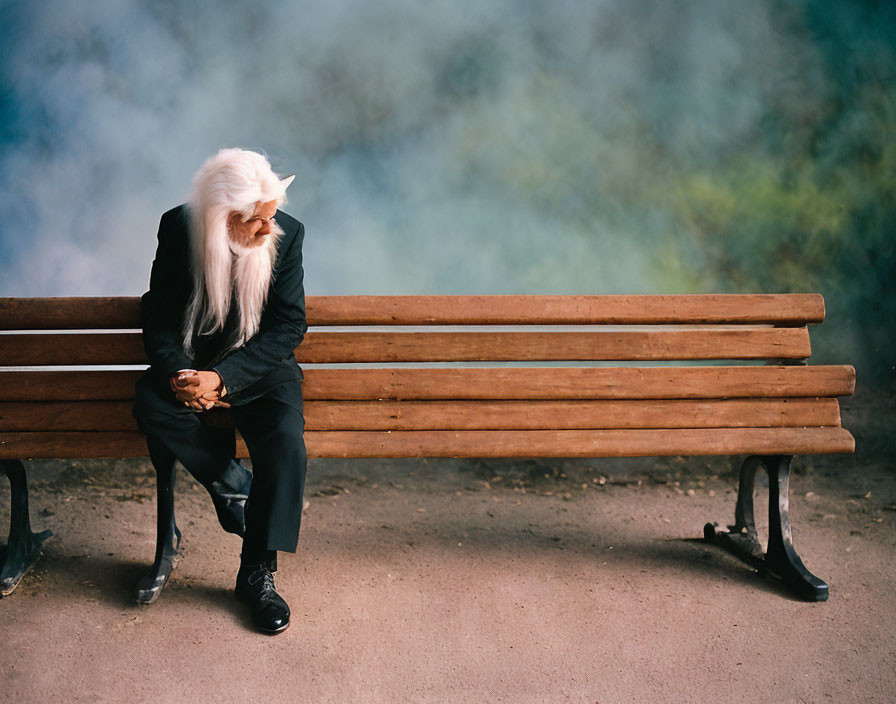 White-Haired Person Contemplates on Park Bench Amid Ethereal Smoke