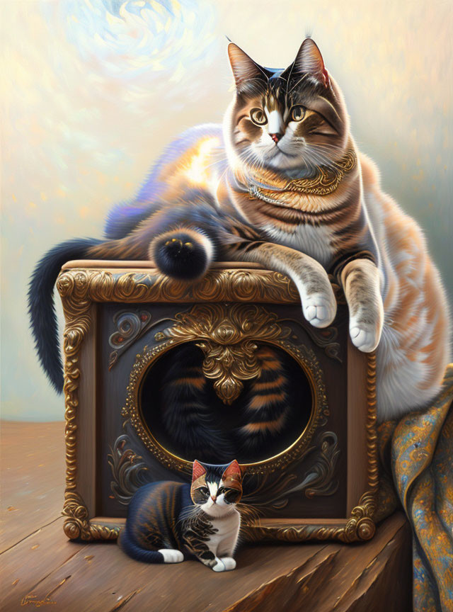 Realistic painting: Two cats with matching fur on ornate golden-framed speaker