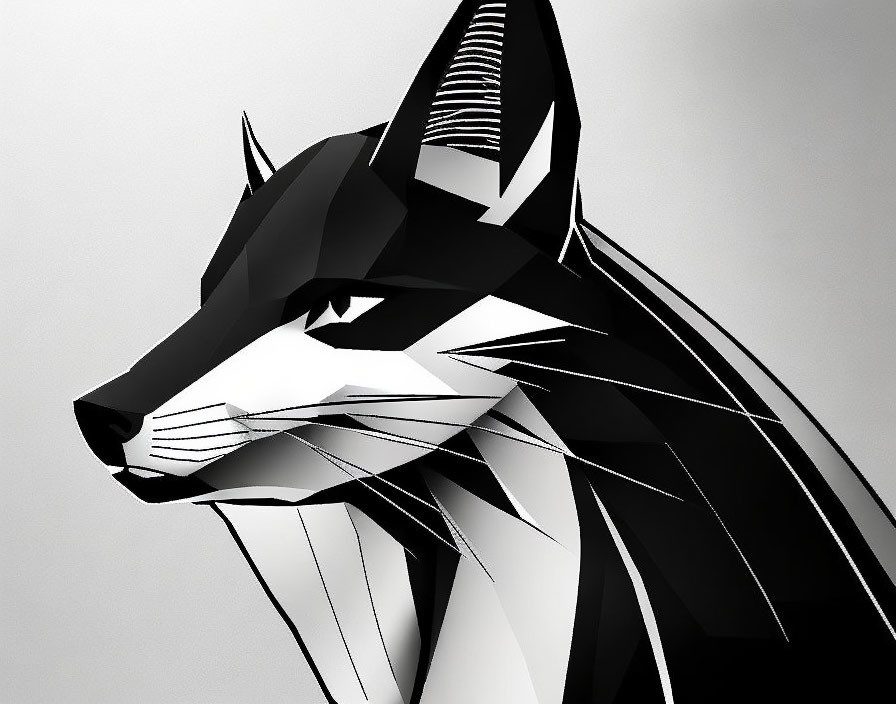 Stylized geometric wolf illustration in grayscale.