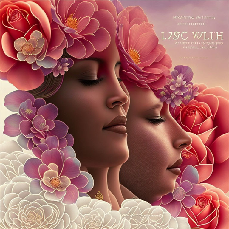 Two women's profiles surrounded by colorful flowers in pink and violet