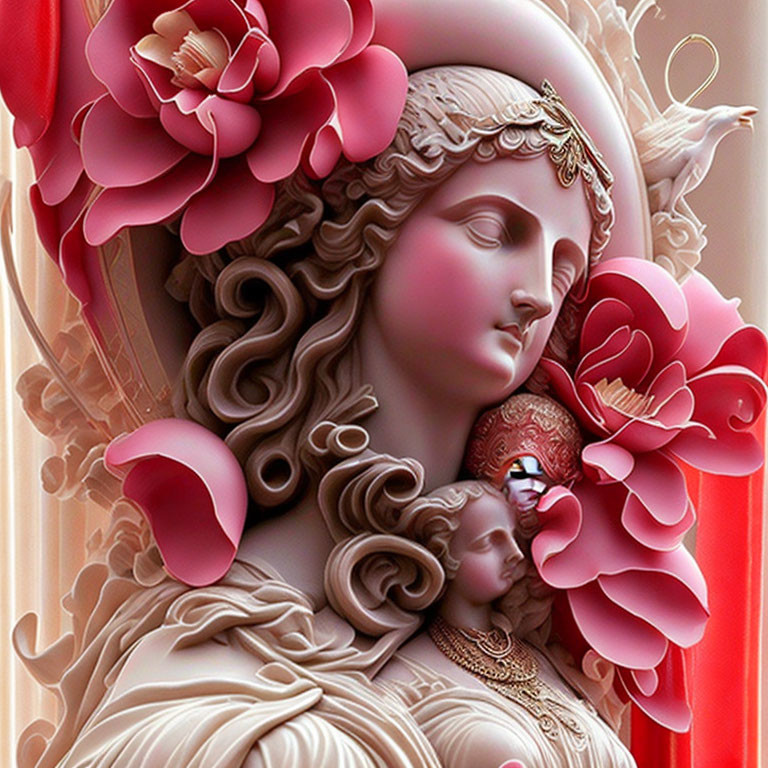 Ornate illustration of woman with halo embracing child amid lush roses