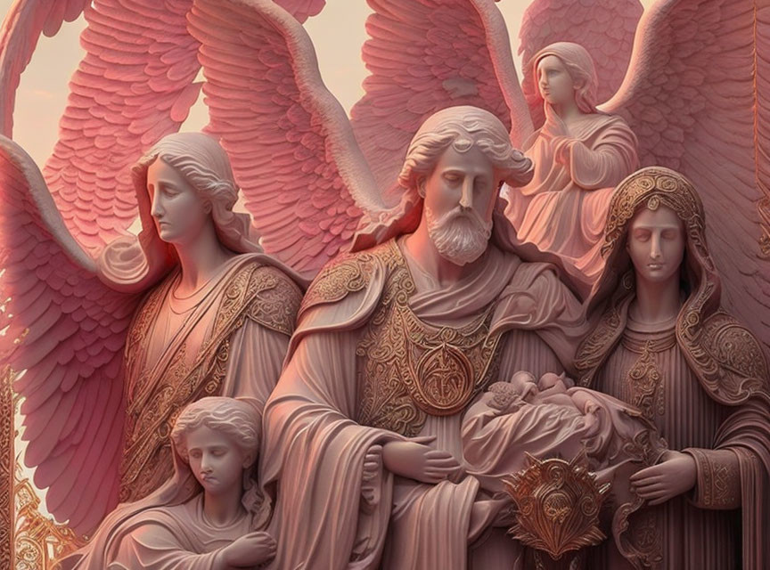 Classical figures with angelic wings in pink monochrome setting