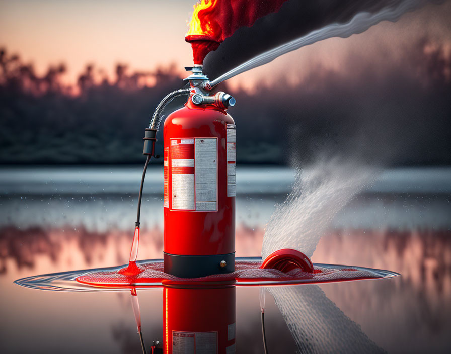 Red Glove Activates Fire Extinguisher on Reflective Surface