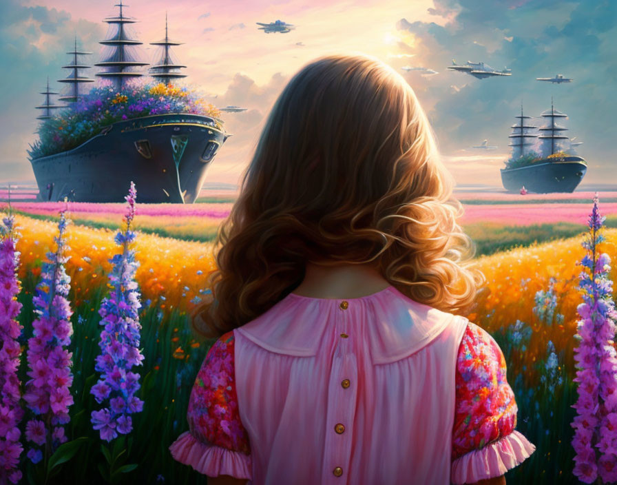 Curly-Haired Girl Admires Colorful Flowers and Flying Ships in Fantasy Scene